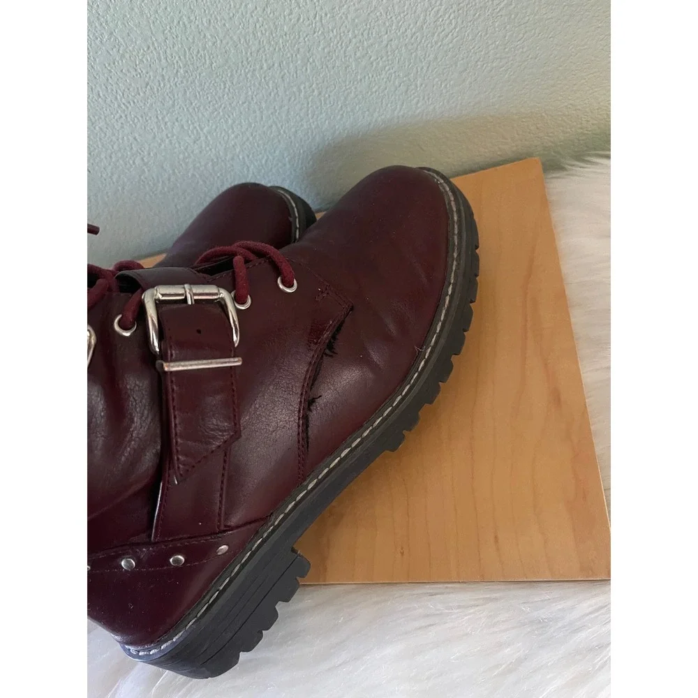 SO® Finleyy Burgundy Women's Combat Boots Double Buckle Size 7.5 Wide Used